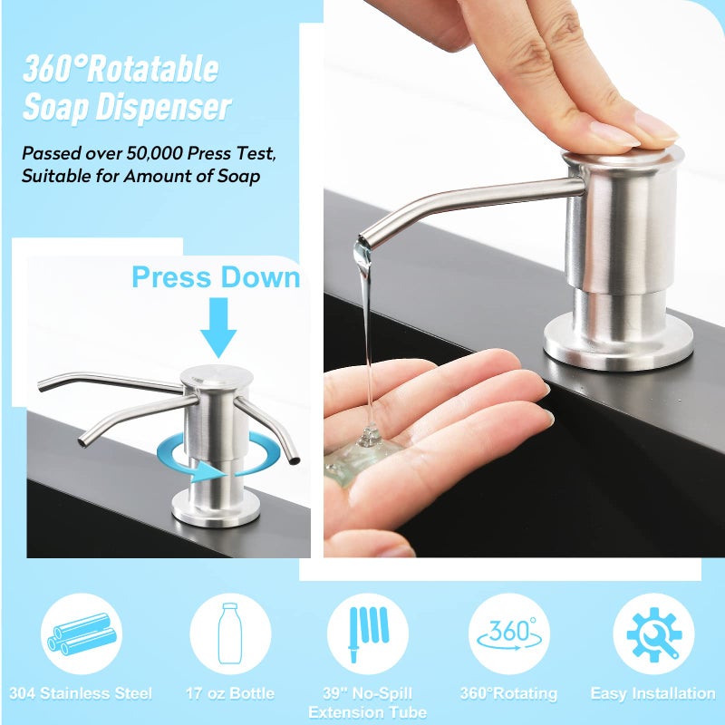 CREA Kitchen Sink Soap Dispenser Countertop for Kitchen Sink, Stainless Stee Built in Sink Soap Dispenser Brushed Nickel for Bathroom â€‹with 39" Tube Large Capacity 17 OZ Bottle - Image 2